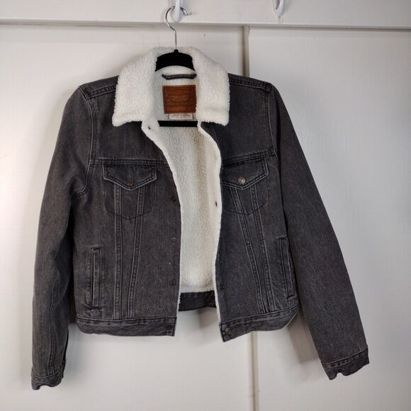 Levi’s Premium Women’s Sherpa Trucker Jacket Black Denim Sz S Fleece Lined - Picture 2 of 7